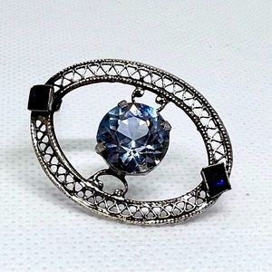 Vintage Small Oval Filigree Rhinestone Brooch Pin Sterling Blue